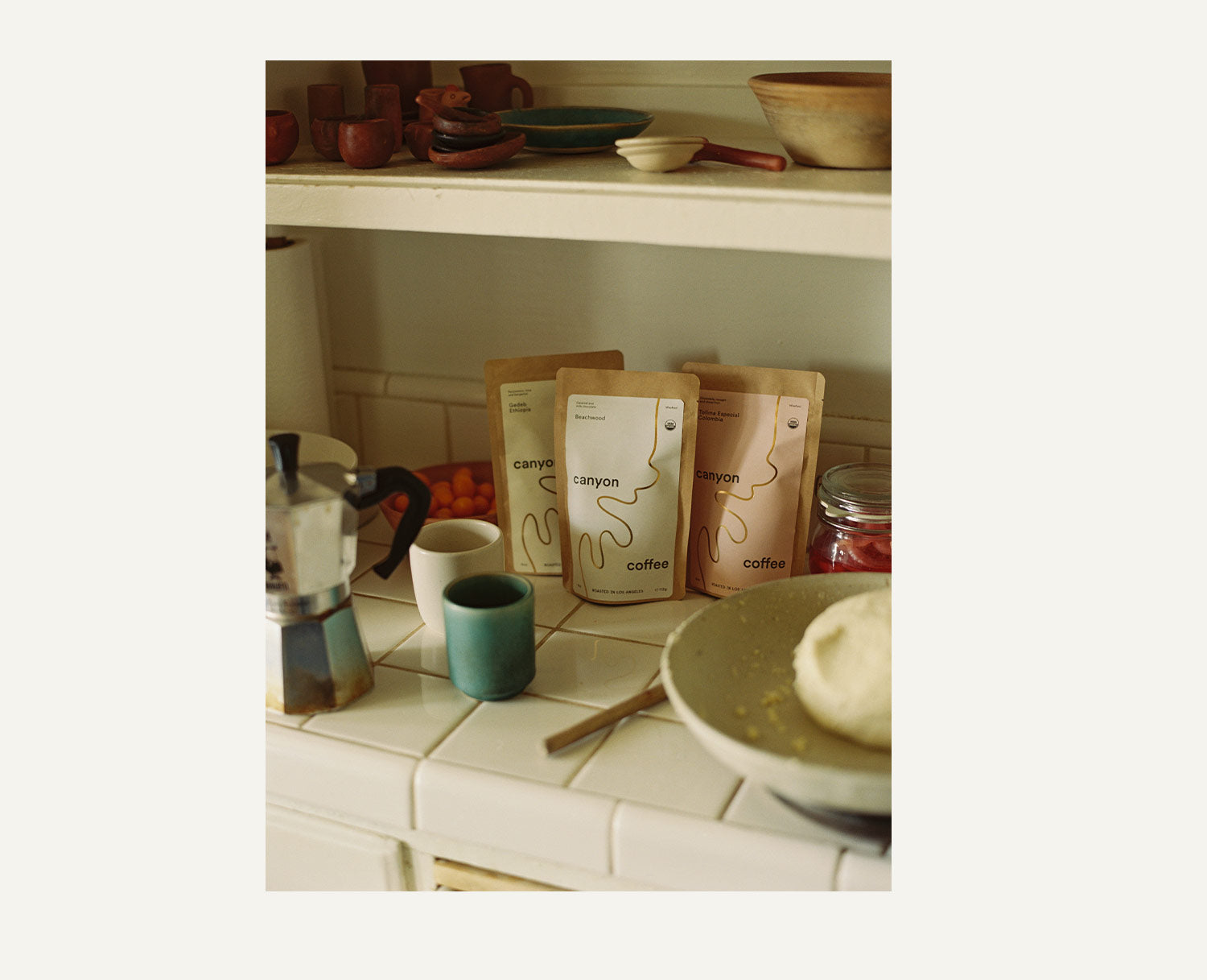 Bags of Canyon Coffee on a counter